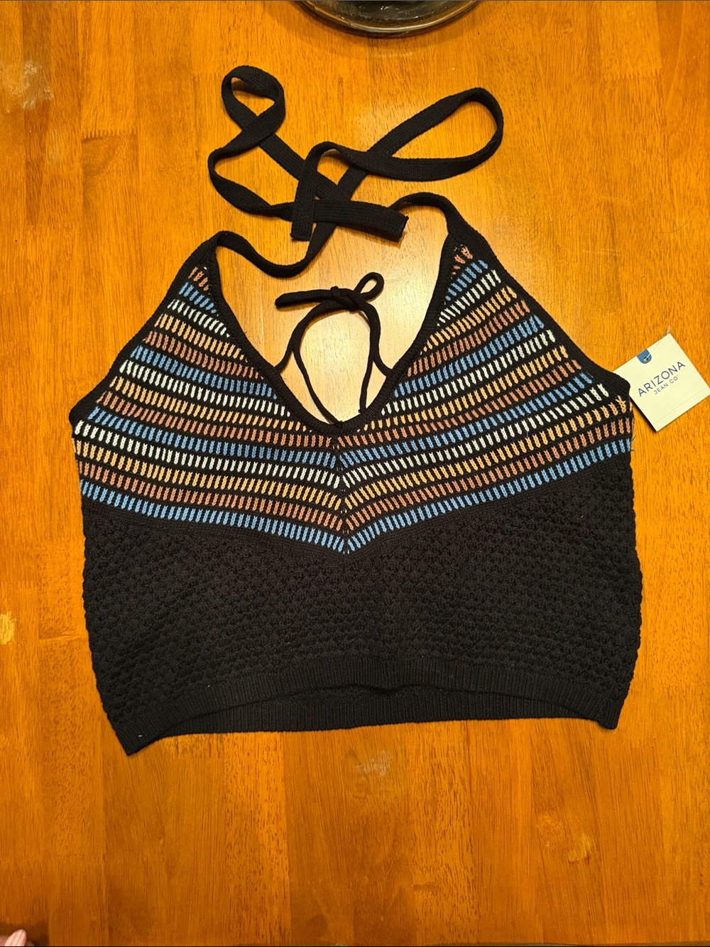 Arizona Jean Company Black Knit Halter Bralette with Blue and Tan Stripes